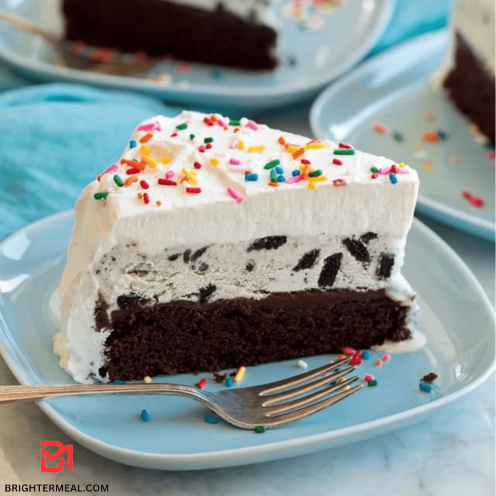 A tempting snapshot of a luscious Ice Cream Cake, showcasing layers of creamy indulgence and moist cake.
