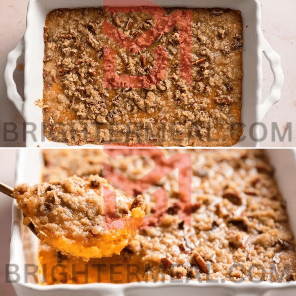 Delicious sweet potato casserole topped with a crunchy pecan streusel, ready to be served for a festive meal.